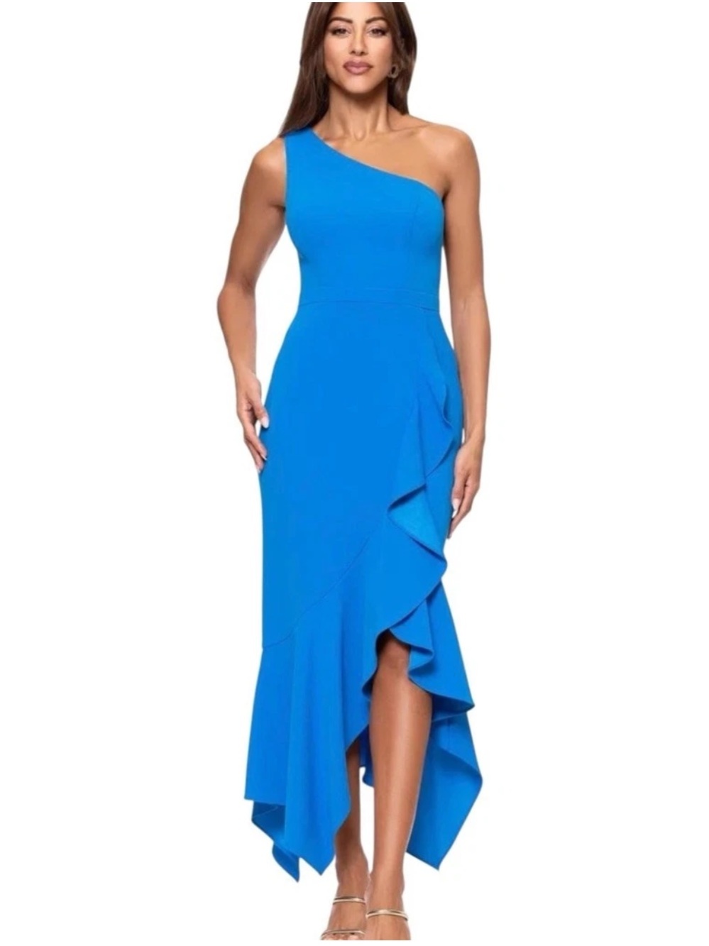 NWT Xscape One-Shoulder Ruffle Column Dress in Bright Blue Size 16 - Picture 3 of 5